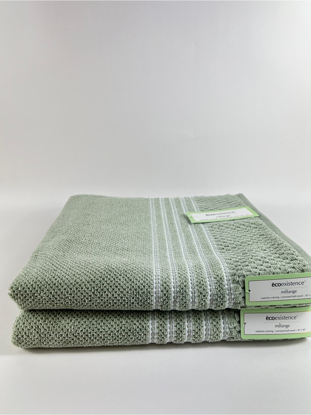 Ecoexistence Mélange Bath Towels Green White Stripe Soft Cotton Blend 2 Pc NEW